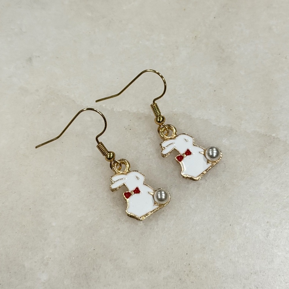 Gold-Trim White Bunny Drop Earrings with Red Bow Accent